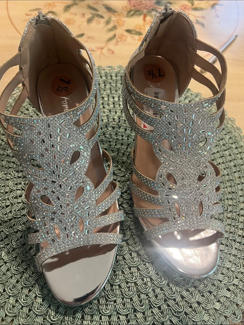 NWT size 7.5 silver crystal dress shoes.